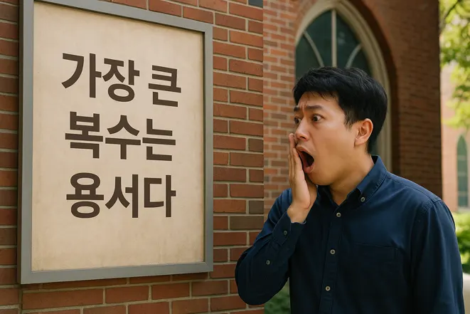 교회 벽에 붙은 '가장 큰 복수는 용서다'라는 포스터를 보고 놀라는 남성