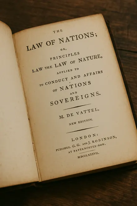 18세기 국제법 고전 저서인 에머리히 드 바텔(M. de Vattel)의 『법의 원리(Law of Nations)』 초판 책 페이지