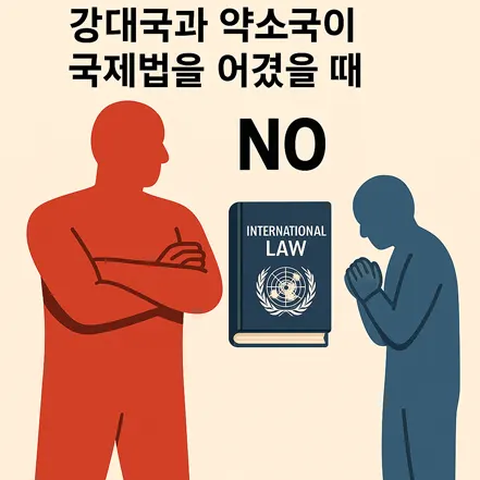 강대국과 약소국이 국제법을 어겼을 때의 불평등한 현실을 표현한 일러스트. 한쪽은 강대국을 상징하는 붉은 인물, 다른 쪽은 약소국을 상징하는 푸른 인물, 중앙에는 국제법 책이 놓여 있음