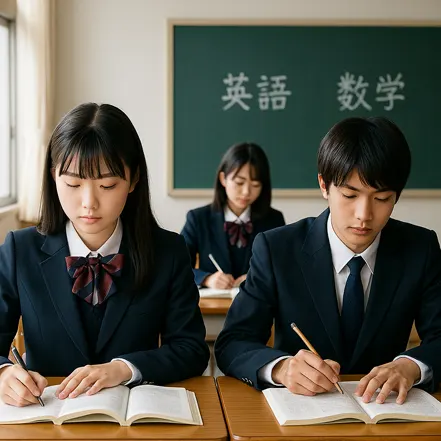 일본 고등학생들이 교실에서 영어와 수학을 공부하는 모습, 칠판에 ‘英語, 数学’이 적혀 있음