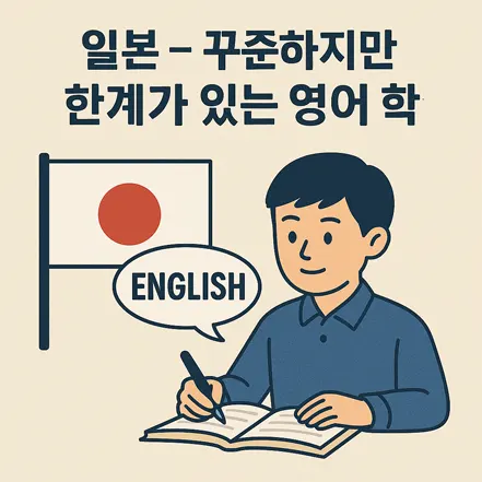 일본 국기와 함께 영어 공부를 하는 학생의 삽화, 'ENGLISH'라는 말풍선 포함