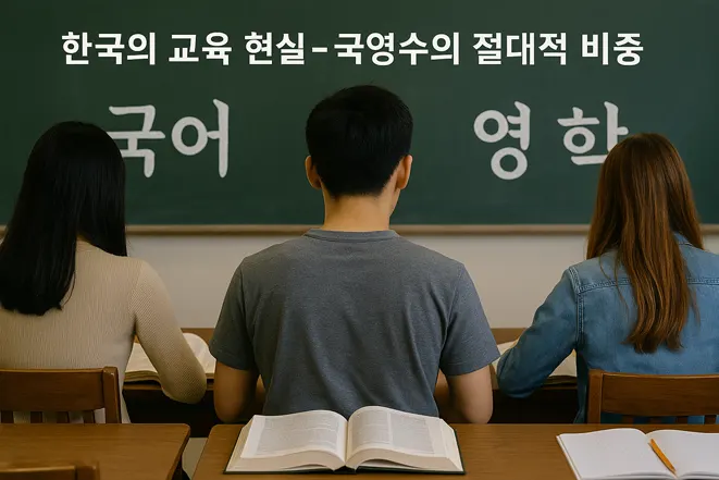 한국 학생들이 교실에서 국어, 영어, 수학 공부에 집중하는 모습, 칠판에 ‘국어, 영어’ 글자가 적혀 있음
