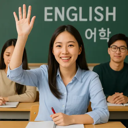 교실에서 영어 수업 중 손을 들고 적극적으로 참여하는 한국 여학생