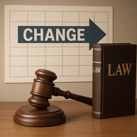 법전과 판사 봉, 그리고 'CHANGE'라는 글자가 적힌 표지판이 함께 있는 이미지
