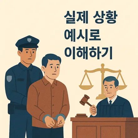 경찰에게 인도되는 인물과 재판정에서 판사가 판결을 내리는 장면 일러스트