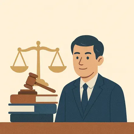 저울과 판사의 망치, 책 더미 옆에 서 있는 정장 남성 일러스