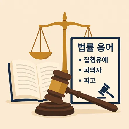 법률 용어를 설명하는 판사의 망치, 저울, 법전 일러스트