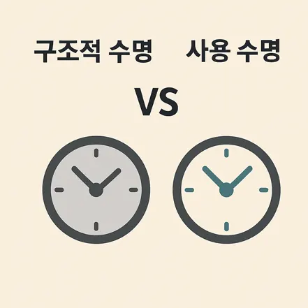 두 개의 시계 아이콘과 함께 '구조적 수명 VS 사용 수명'을 비교하는 인포그래픽