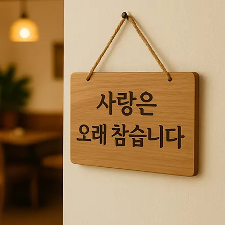 벽에 걸린 나무 간판에 새겨진 사랑은 오래 참습니다 문구