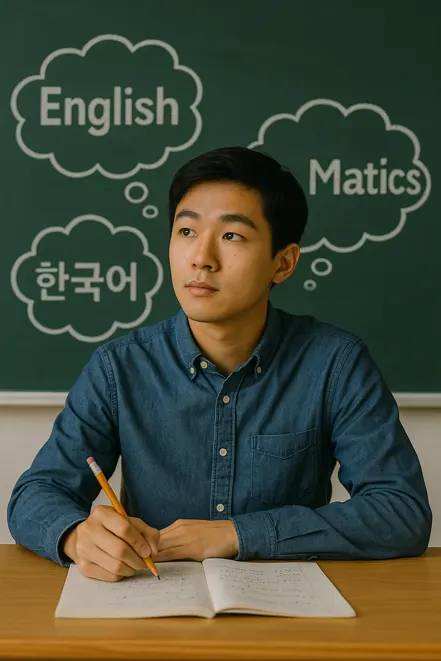 영어, 한국어, 수학을 동시에 떠올리며 공부하는 학생의 모습