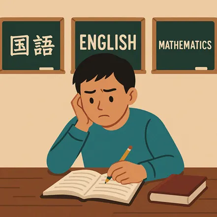 국어, 영어, 수학 세 과목을 공부하며 고민하는 학생의 일러스트