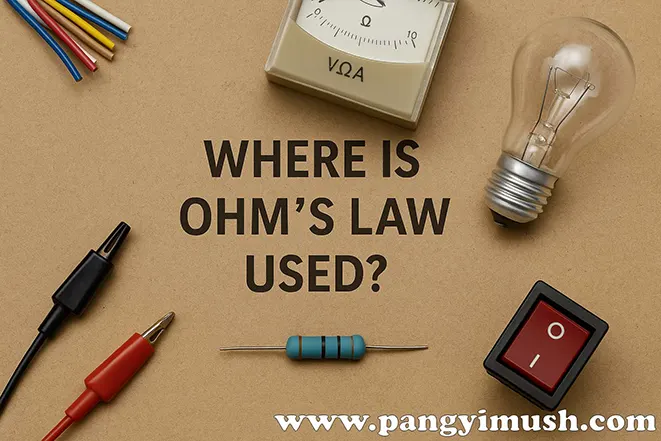 전구, 저항기, 멀티미터, 전선, 스위치와 함께 "Where is Ohm’s Law used?"라는 문구가 적힌 이미지