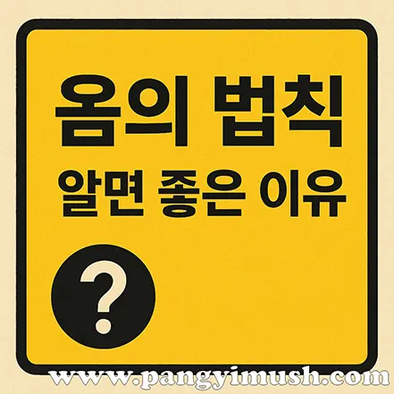 노란색 사각형 표지판에 "옴의 법칙 알면 좋은 이유"라는 문구와 물음표 아이콘이 있는 이미지