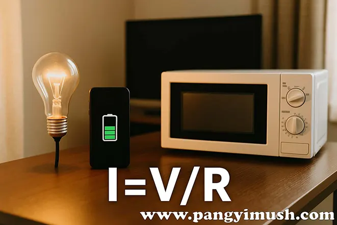 전구, 스마트폰 충전 화면, 전자레인지와 함께 표시된 옴의 법칙 공식 I=V/R