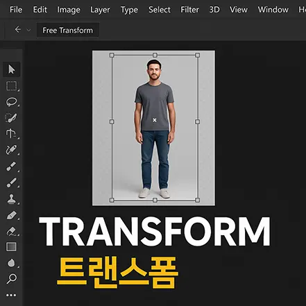 포토샵 트랜스폼 기능을 실행해 사람 사진을 크기 조절하는 기본 예시 화면