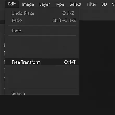 포토샵 Edit 메뉴에서 Free Transform을 선택하는 화면