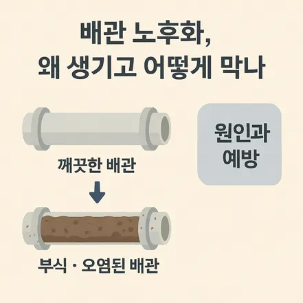 깨끗한 배관과 부식·오염된 배관을 비교하며 배관 노후화의 원인과 예방을 설명하는 인포그래픽