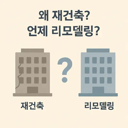 재건축과 리모델링을 비교하는 인포그래픽, 낡은 건물과 보수된 건물이 나란히 배치됨