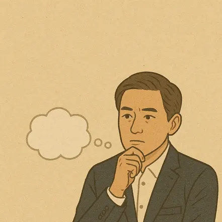 턱에 손을 올리고 깊이 생각하는 남성의 모습, 옆에는 말풍선이 있는 일러스트
