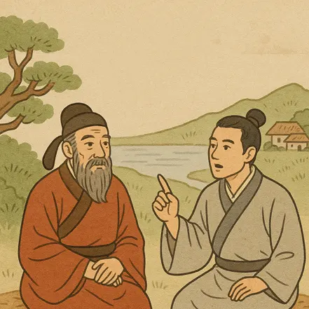 고대 중국 배경 속 두 인물이 대화하는 장면, 유교적 교훈과 설화를 상징하는 일러스트
