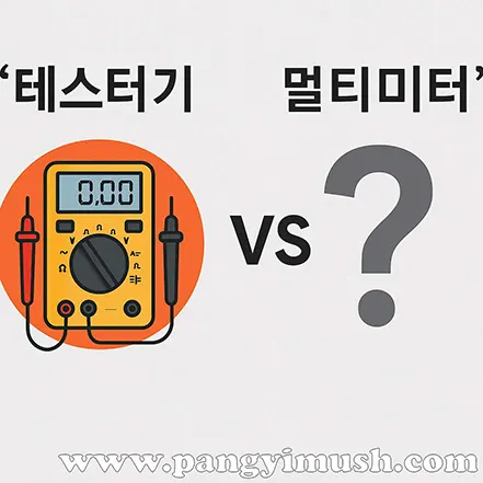 테스터기와 멀티미터의 차이를 묻는 비교 이미지. 왼쪽에는 노란색 멀티미터 그림이 있고, 오른쪽에는 큰 물음표가 배치되어 있음