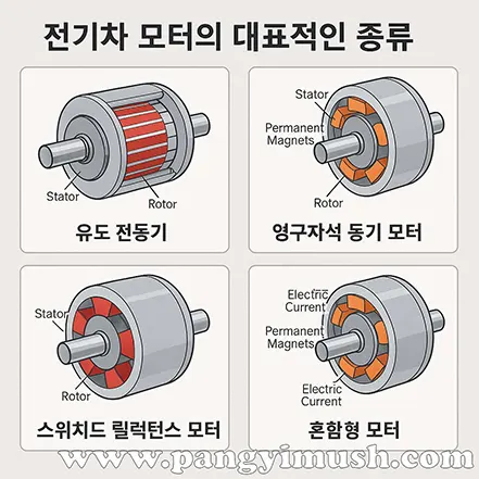 전기차 모터의 대표적인 종류를 보여주는 일러스트 – 유도 전동기, 영구자석 동기 모터, 스위치드 릴럭턴스 모터, 혼합형 모터