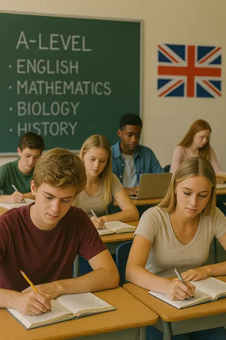 영국 고등학생들이 교실에서 A-Level 과목을 공부하는 모습, 칠판에는 English, Mathematics, Biology, History가 적혀 있음