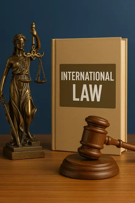 국제법을 상징하는 이미지. 법의 여신상, ‘INTERNATIONAL LAW’ 책, 그리고 법정의 망치가 나란히 배치되어 있음.