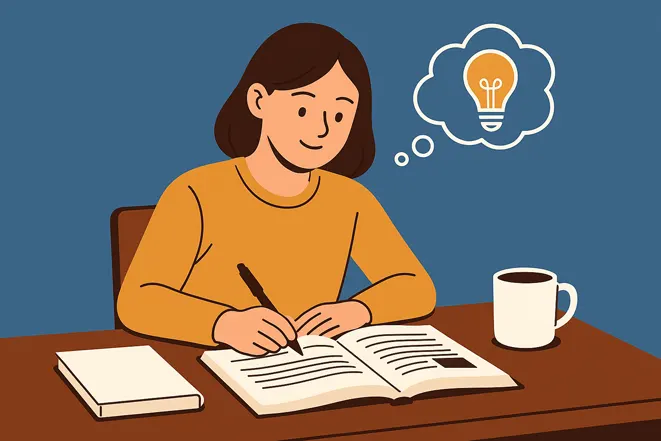 책상에서 공부하며 아이디어를 떠올리는 학생의 일러스트, 밝고 긍정적인 분위기