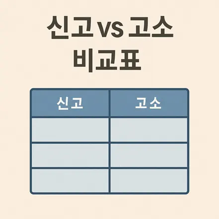 신고와 고소의 차이를 비교하는 표 형식의 일러스트 이미지