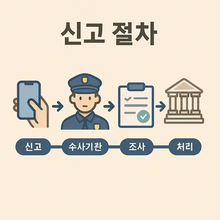 신고 후 수사기관 접수, 조사, 처리로 이어지는 절차를 보여주는 일러스트