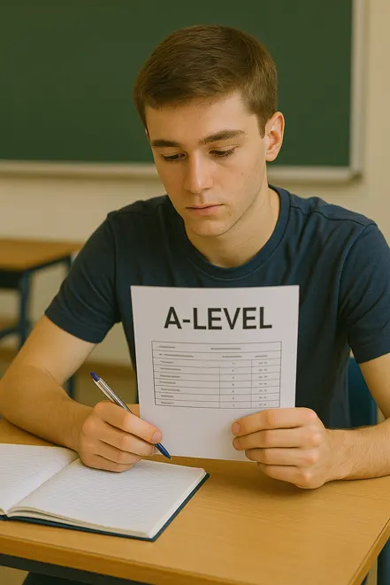 영국 학생이 교실에서 대학 입학 시험 A-레벨(A-Level) 성적표를 확인하는 모습