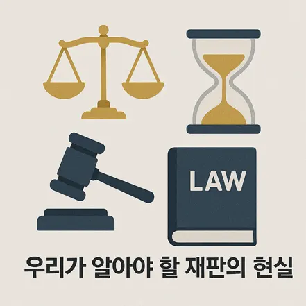 저울, 모래시계, 판사의 망치, 법전 아이콘으로 표현된 재판의 현실 인포그래픽