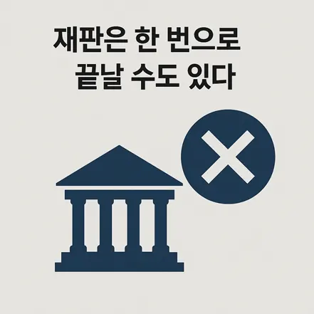 법원 건물 아이콘 옆에 X 표시가 함께 있는 재판 종결 인포그래픽