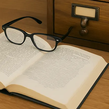 열린 책 위에 안경이 놓여 있는 이미지
