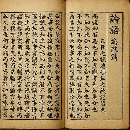 논어 위정편이 펼쳐진 고전 한문 서책 이미지