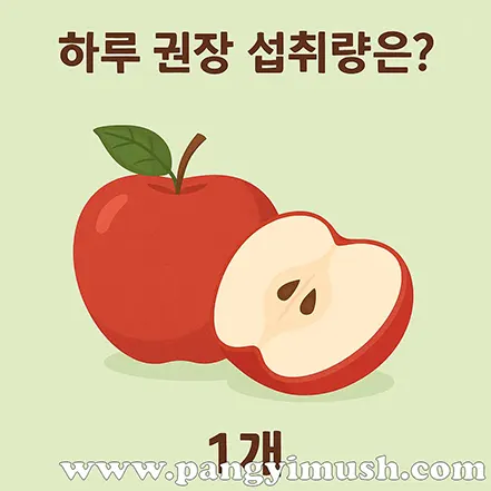 연두색 배경 위에 통사과와 반으로 자른 사과가 함께 놓여 있고, 상단에는 ‘하루 권장 섭취량은?’ 아래에는 ‘1개’라고 적힌 일러스트