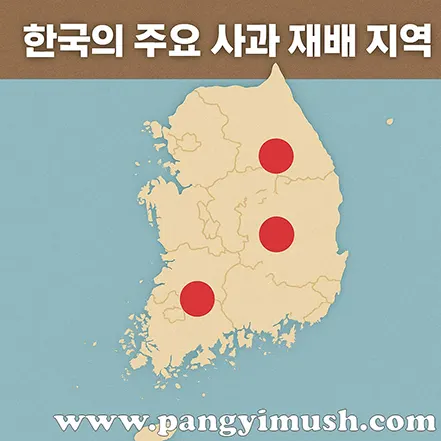 한국 지도에 사과 주요 재배 지역이 표시된 이미지