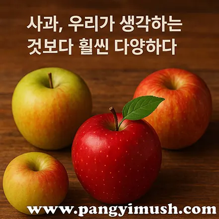 다양한 색과 품종의 사과가 나무 테이블 위에 놓인 모습