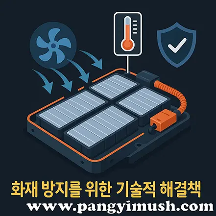 전기차 배터리 화재 방지를 위한 기술적 해결책을 설명하는 이미지, 냉각 시스템과 온도 제어 아이콘 포함