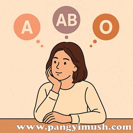 혈액형 심리 테스트가 사람들의 생각과 감정에 미치는 영향을 상징적으로 표현한 일러스트