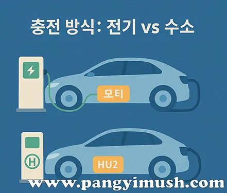 전기차와 수소차의 충전 방식을 비교한 인포그래픽 – 전기 충전소와 수소 충전소