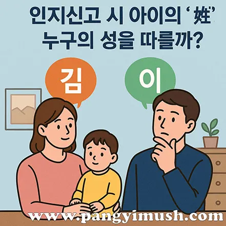 부모가 아이의 성씨를 고민하는 장면을 담은 일러스트로, ‘김’과 ‘이’라는 성이 말풍선으로 표시되어 있다.