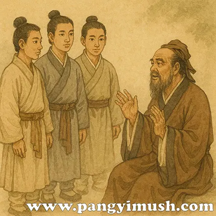 공자가 세 제자에게 가르침을 전하는 장면 – 전통 복식의 고전 일러스트