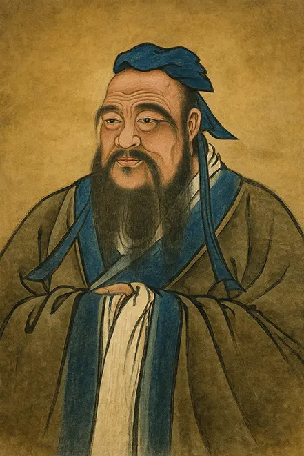 현명한 표정의 공자가 제자들에게 가르침을 전하는 전통 동양화 초상화