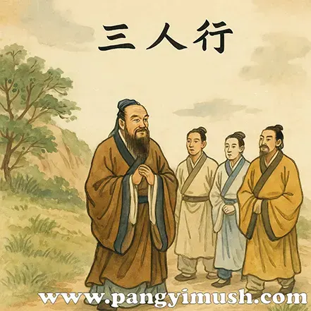 공자가 제자들과 길을 걸으며 “三人行，必有我師焉”이라고 말하는 장면의 고전풍 일러스트