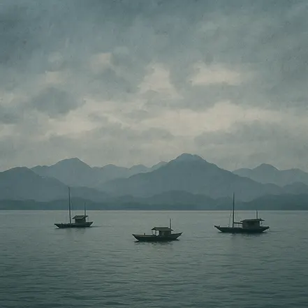 안개 낀 호수 위에 세 척의 작은 배가 떠 있고, 멀리 겹겹이 이어진 산맥이 보이는 고요한 풍경