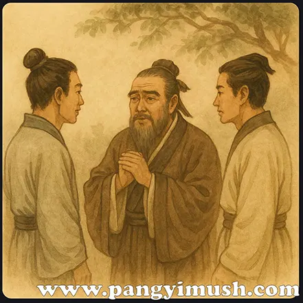 공자가 두 제자와 대화하는 장면 – 스승과 제자의 관계를 통해 배움의 철학을 표현한 고전 일러스트