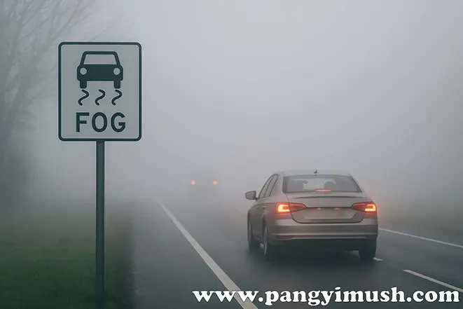짙은 안개 속 도로에서 전조등을 켜고 주행하는 자동차와 ‘FOG’ 주의 표지판이 있는 모습
