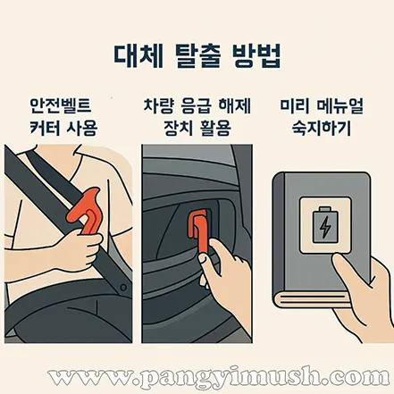 전기차 화재 시 대체 탈출 방법을 설명하는 일러스트: 안전벨트 커터 사용, 차량 응급 해제 장치 활용, 매뉴얼 숙지하기